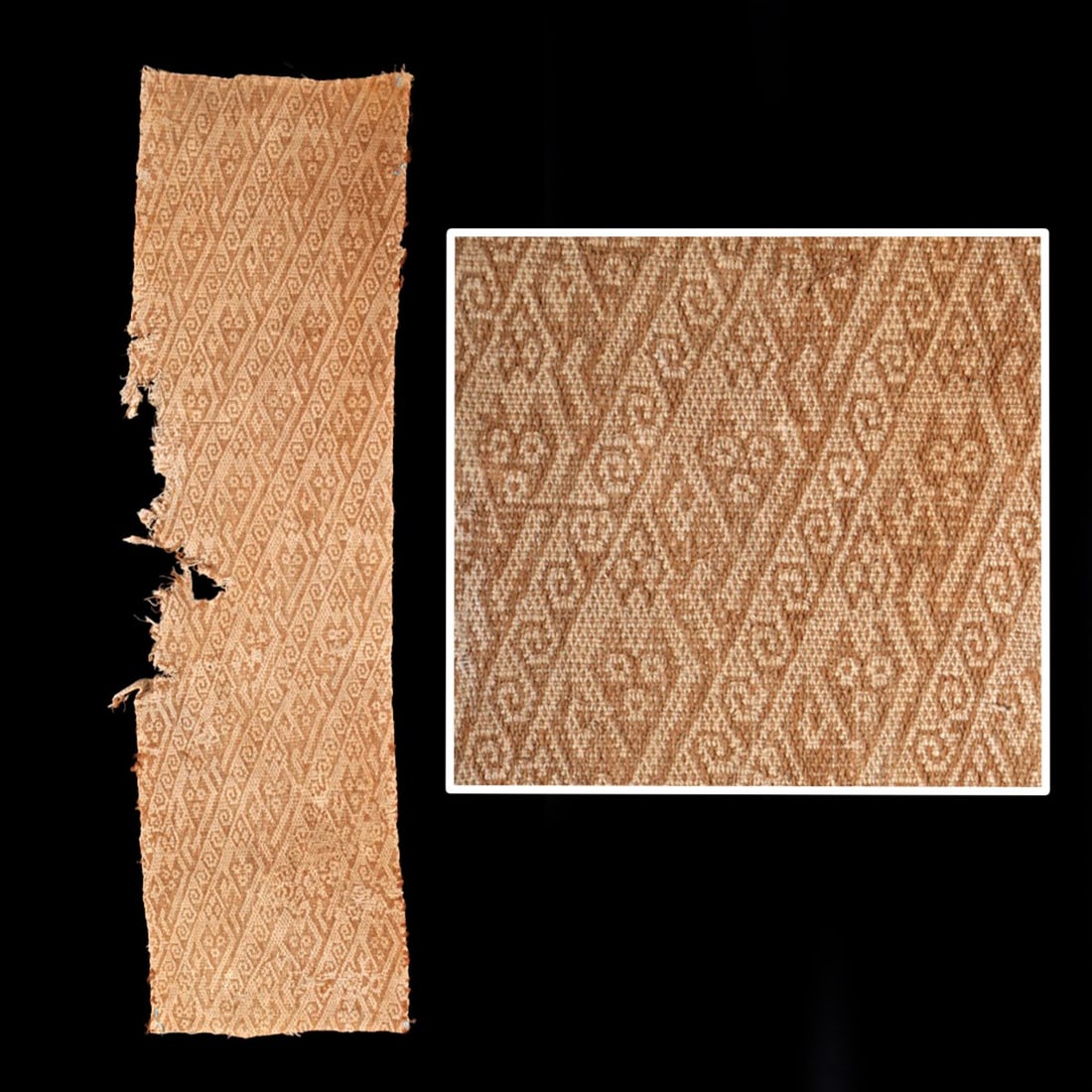 Chancay Wool Textile Panel, Abstract Felines: Pre-Columbian, Coast Peru, Chancay culture, ca. 1000 to 1470 CE. A woven textile panel fragment composed of camelid wool with possible cotton warps, rendered in soft beige and brown tones. The surface