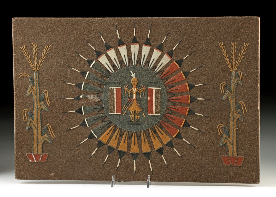 Navajo Sand Painting of Sun, Eagle & Corn by E. Hunt: Native American, Southwestern United States, Navajo, ca. late 20th century CE. A sandpainting on particleboard signed E. Hunt, depicting a ceremonial scene titled "The Sun and Eagle & Holy Plants." At