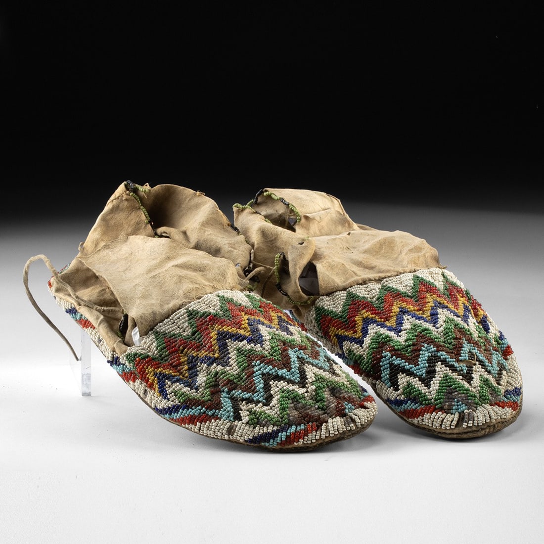 19th C. Native American Beaded Hide Moccasins - Zigzag Lane-Stitched (1 of 4)