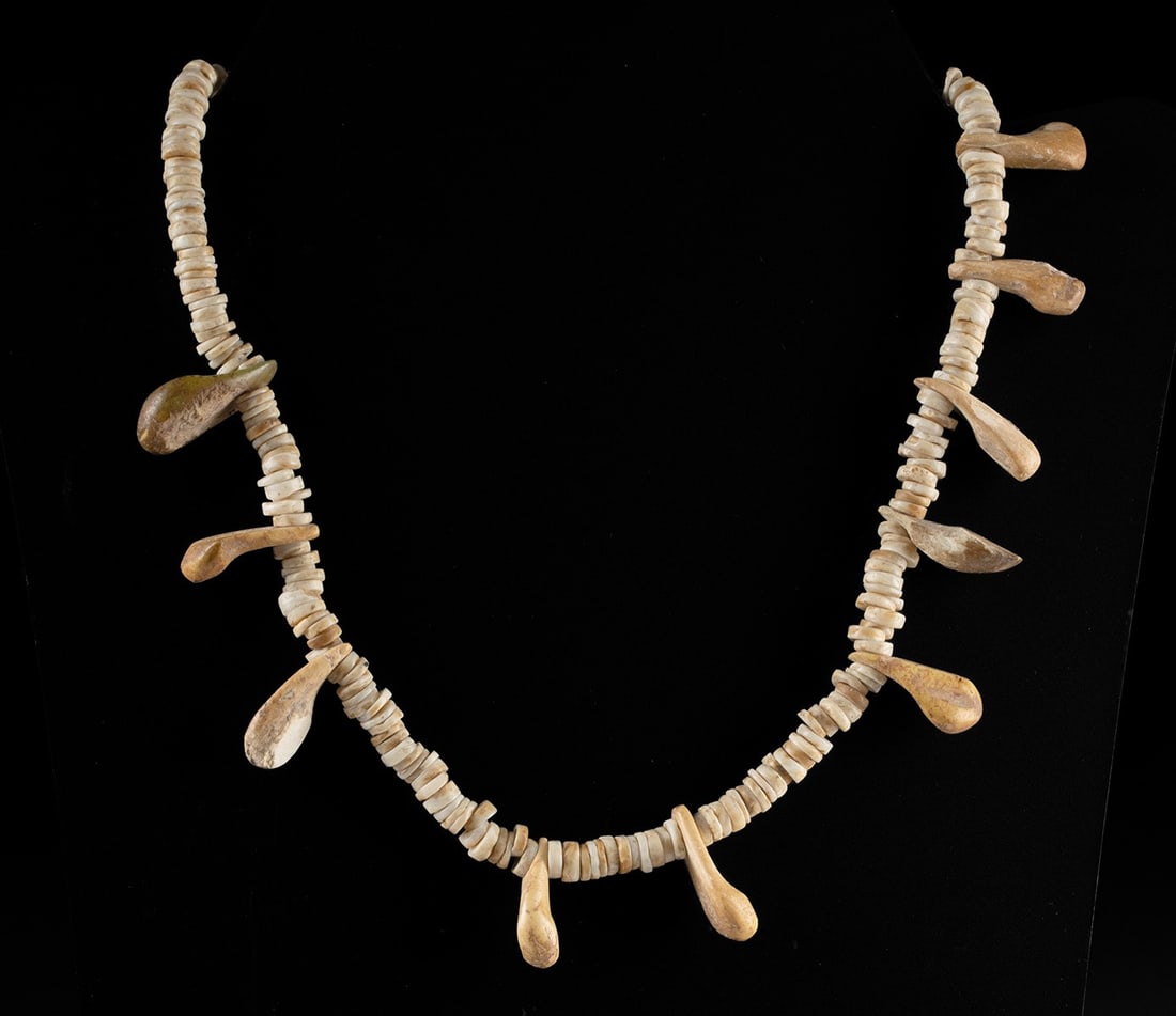 Native American Shell & Marine Mammal Tooth Necklace: Native American, Northwestern United States, possibly Alaska, Inuit / Yup’ik culture, ca. 18th to early 20th century CE. A necklace composed of shell heishi beads strung on a monofilament wire w