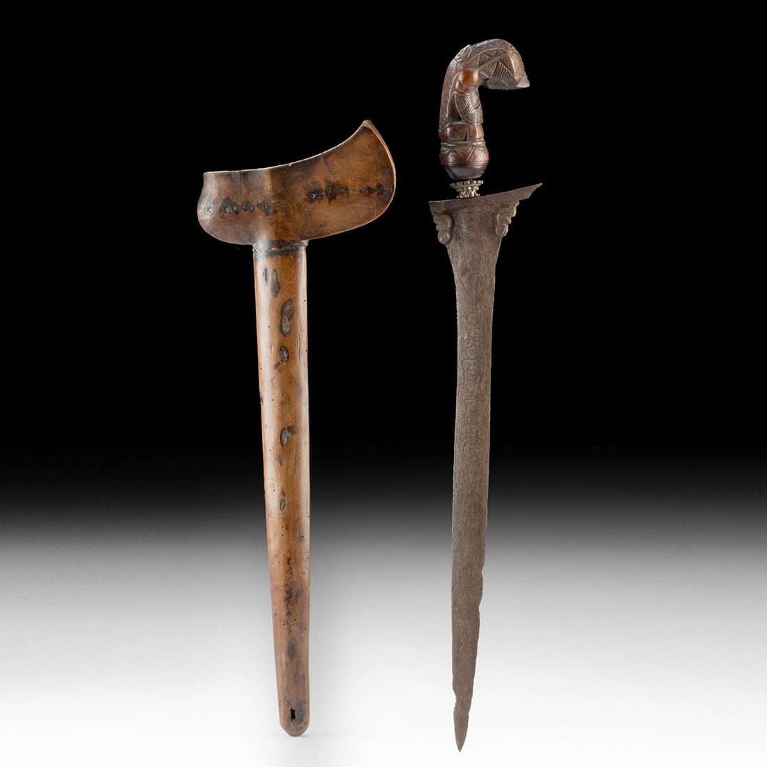 18th-19th C. Javanese Kris Sword with Inlaid Script Blade: Southeast Asia, Indonesia, Java, ca. 18th to 19th century CE. An Indonesian kris (keris) short sword, with age and wear suggesting it was made in the 19th century, if not earlier, the straight pattern