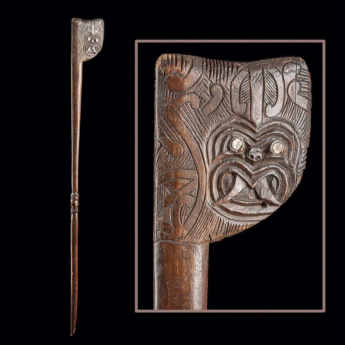 Maori Wood Tewhatewha Club - Carved Ancestral Wheku: Oceania, New Zealand, Maori, ca. early 20th century CE. A tewhatewha club carved of a single piece of wood with a broad axe-shaped blade and a tapering pointed grip. The area below the blade is carved
