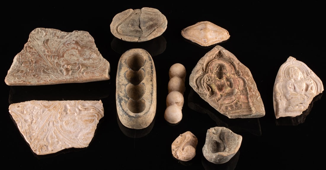 3rd C. Gandharan Pottery Buddhist Molds (5 pcs): Central Asia, Pakistan, Afghanistan, Northern India, Gandhara, ca. 3rd to 7th century CE. A collection of pottery molds to impress decorative features into clay vessels, votive tablets, or statues, co