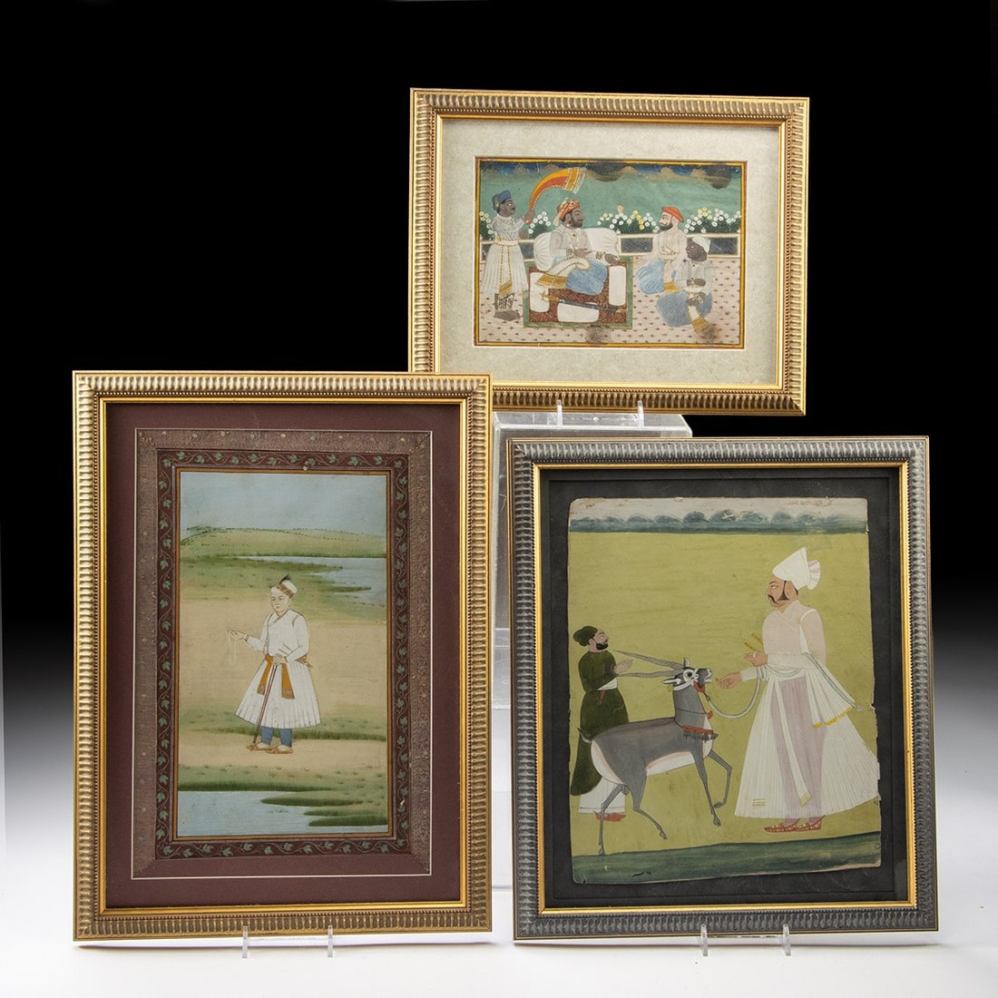 19th C. Indian Rajput Gouache Miniatures - Auwa Portraits, Set of 3: South Asia, India, Rajput (Marwar/Rajasthan), ca. 1850–1900 CE. A trio of gouache-on-paper miniatures rendering the aristocratic world of nineteenth-century Rajasthan in luminous mineral pigment