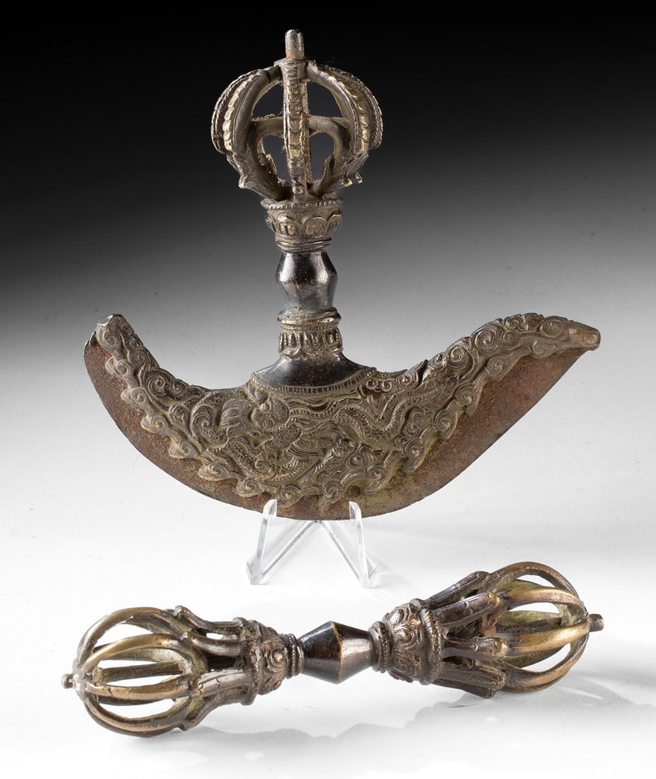 Himalayan Buddhist Ritual Brass Dorje & Kartika Knife: Central Asia, Tibet, ca. early to mid-20th century CE. This pair of Himalayan Buddhist ritual implements includes a double-headed brass dorje (vajra) and an iron-bladed kartika with brass handle. The 