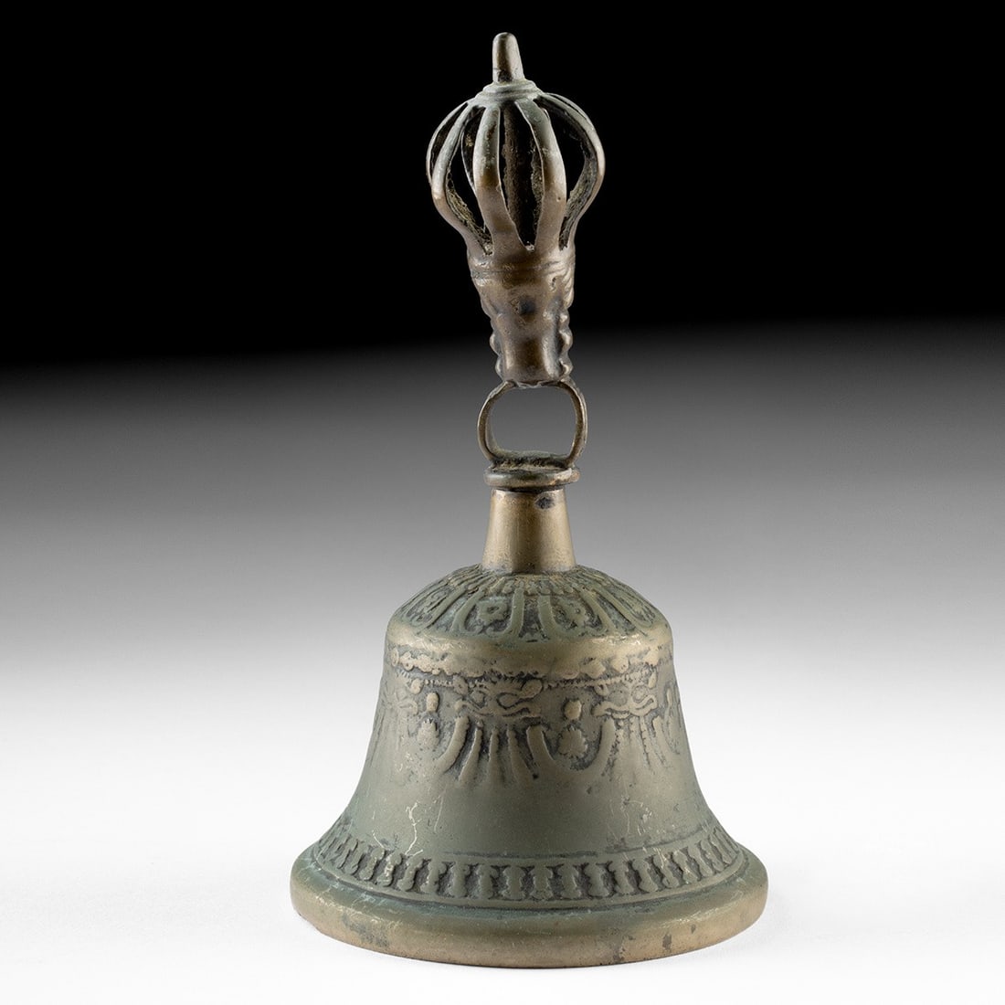 18th C. Tibetan Bronze Ritual Bell (Ghanta) - Vajra Finial, Kirtimukha Frieze (1 of 3)