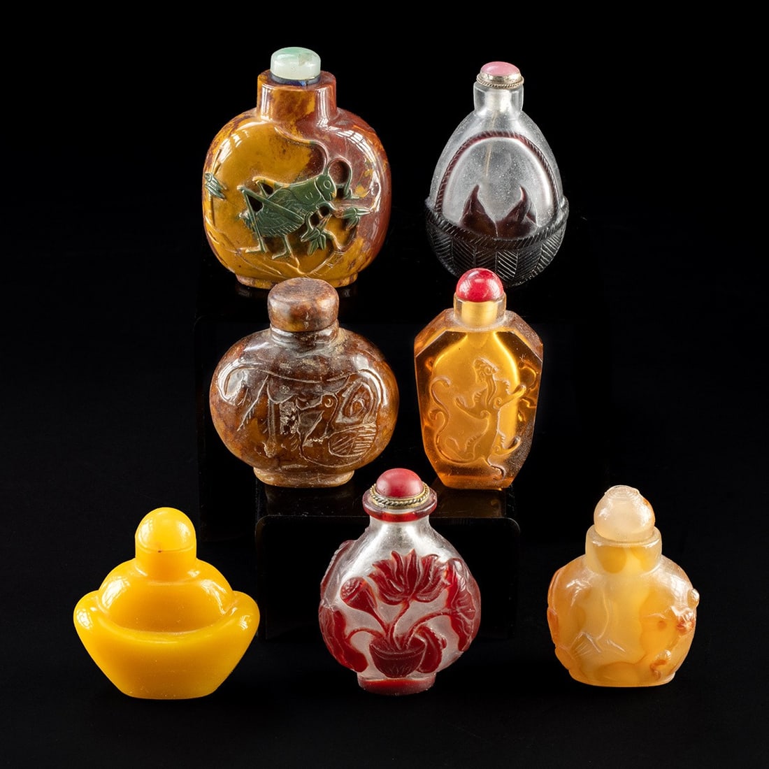 Seven Chinese Qing era Snuff Bottles - Glass & Carved Stone (1 of 3)