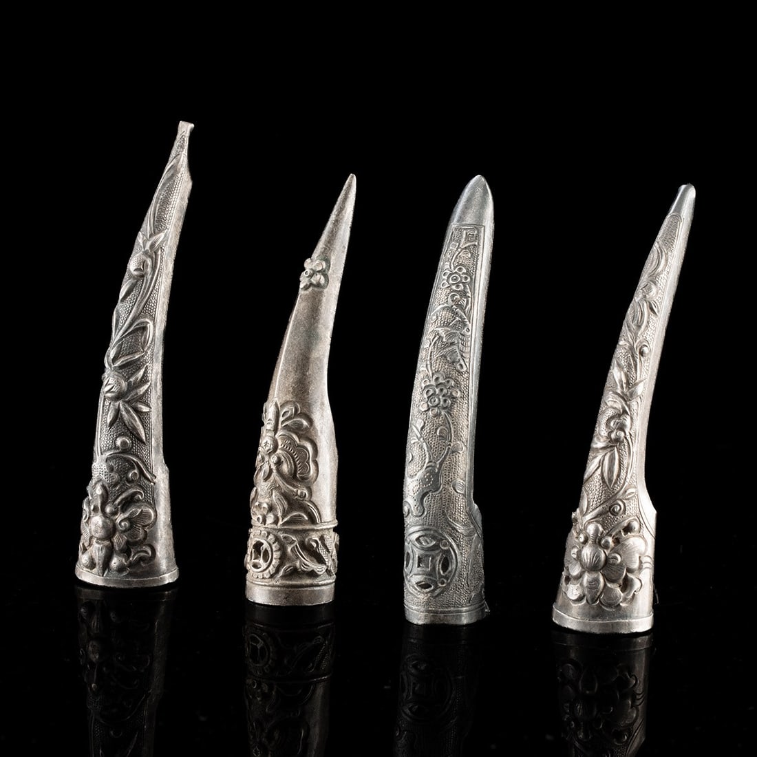 19th C. Chinese Silver Fingernail Guards - Repousse Florals (Set of 4) (1 of 2)