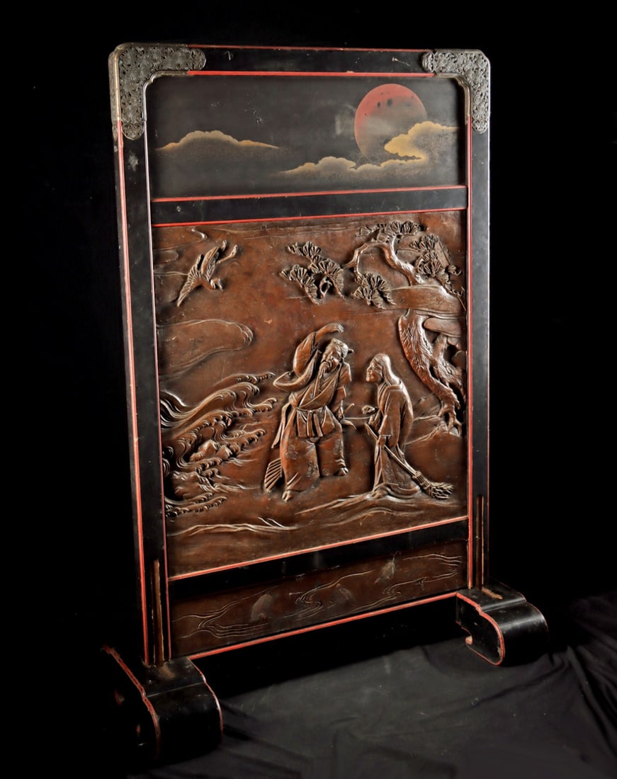 Monumental Japanese Meiji Wood Screen Takasago Couple Jo and Uba: East Asia, Japan, Meiji era, ca. 1800 - 1933 CE. A monumental carved wood screen set within a fitted frame and removable base, centered by a high-relief panel depicting the legendary Takasago couple, 