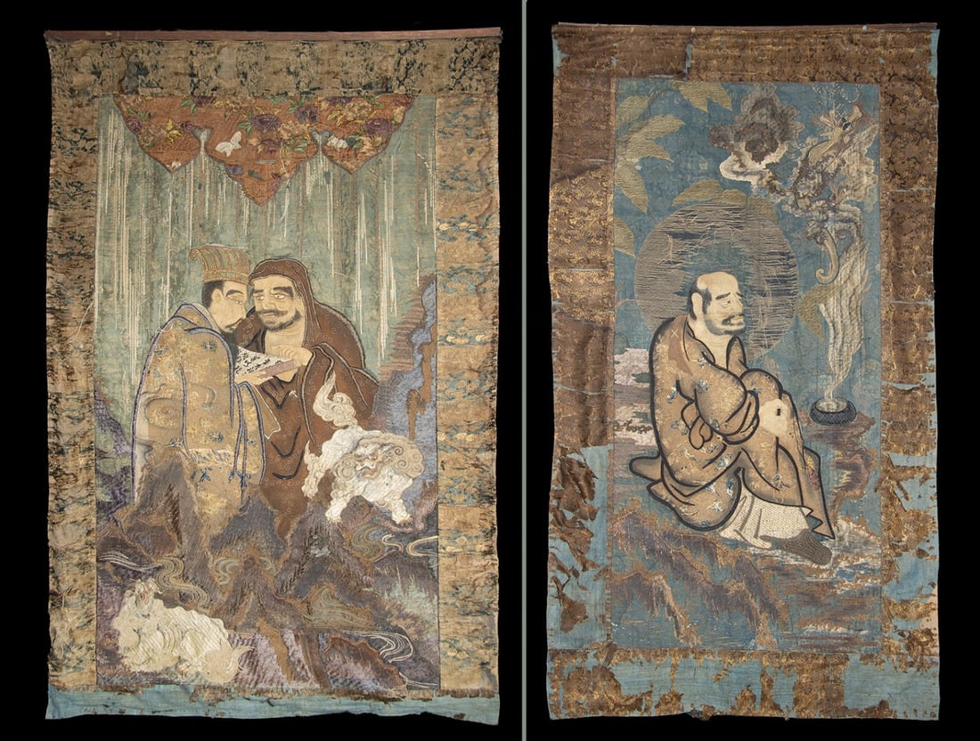 19th C. Japanese Silk Tapestries Bodhidharma & Sennin: East Asia, Japan, Meiji era, ca. 19th century CE. A pair of large textile panels composed of brocaded panels and embroidered silk with metallic-wrapped threads, these tapestries depict Zen Buddhist th