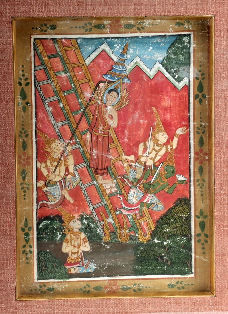 19th C. Thai Painting of Buddha Returning from Heaven: Southeast Asia, Thailand, ca. late 19th to early 20th century CE. A resplendent Thai painting on canvas depicting "The Descent of the Buddha from Heaven," an episode from Buddhist cosmology recounting