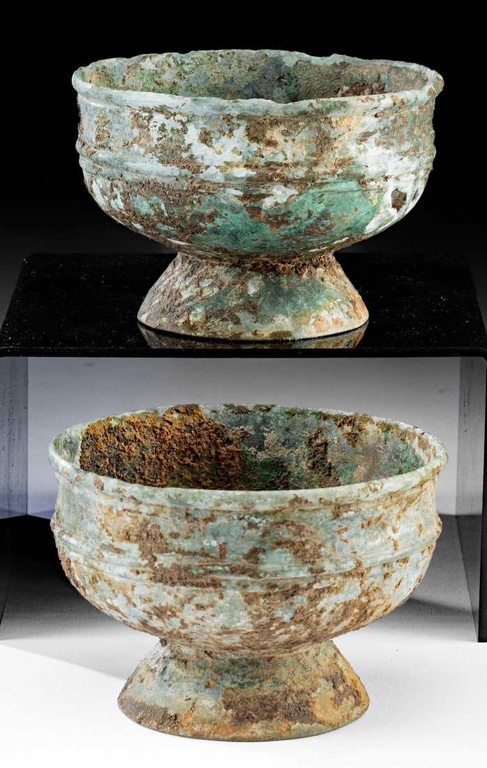 Pair of 12th C. Cambodian Khmer Bronze Cups: Southeast Asia, Cambodia, Khmer Empire (Angkor culture), ca. 12th to 13th century CE. An attractive pair of leaded bronze cups or bowls, nearly identical in form. Sitting upon a conical foot, each ves