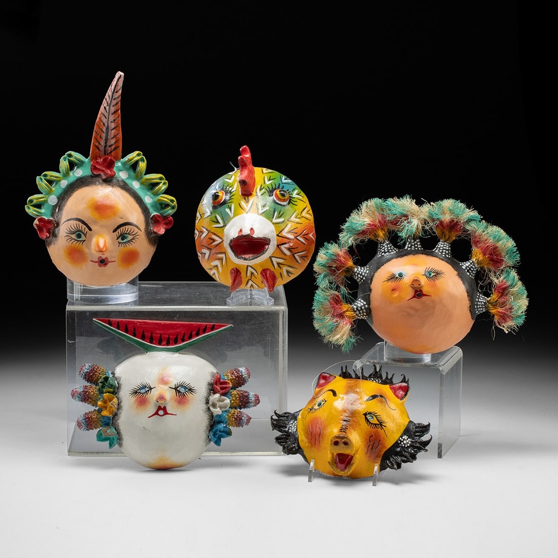 20th C. Mexican Painted Coconut Shell Masks - Nahua Guerrero, Group of 5 (1 of 2)