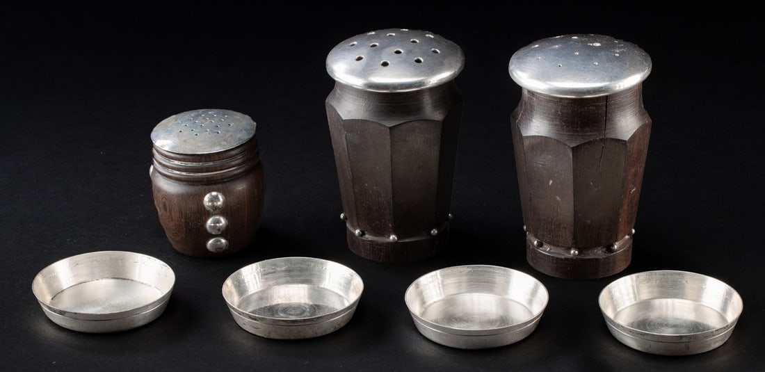 3 Sucesores de Spratling Silver Shakers & 5 Dishes: Latin America, Mexico, Taxco, ca. 1967 to 1979 CE. A handsome and highly usable group of William Spratling tableware, this lot brings Taxco modernism to the dining table in the most charming way possi