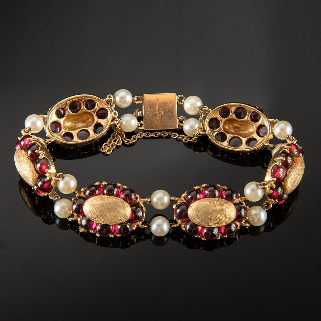 Lucien Piccard 14K Gold Bracelet - Garnet Cabochons and Pearls (1 of 3)