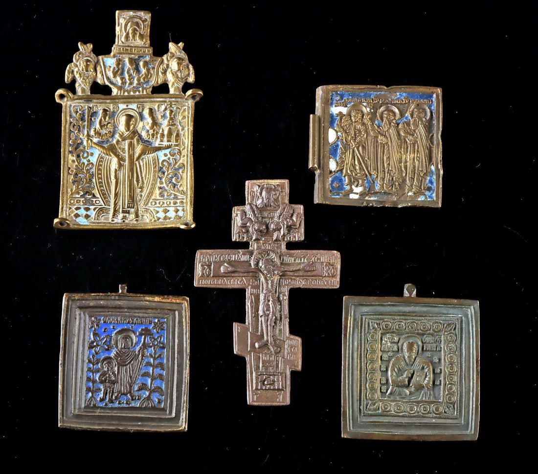 Five 19th C. Russian Enameled Brass Icons - Ex Skinner: Eastern Europe, Russia, Orthodox Christian, ca. 19th century CE. A richly narrative group of five Russian Orthodox brass icons, each a small theater of faith cast in metal and brightened with enamel, 