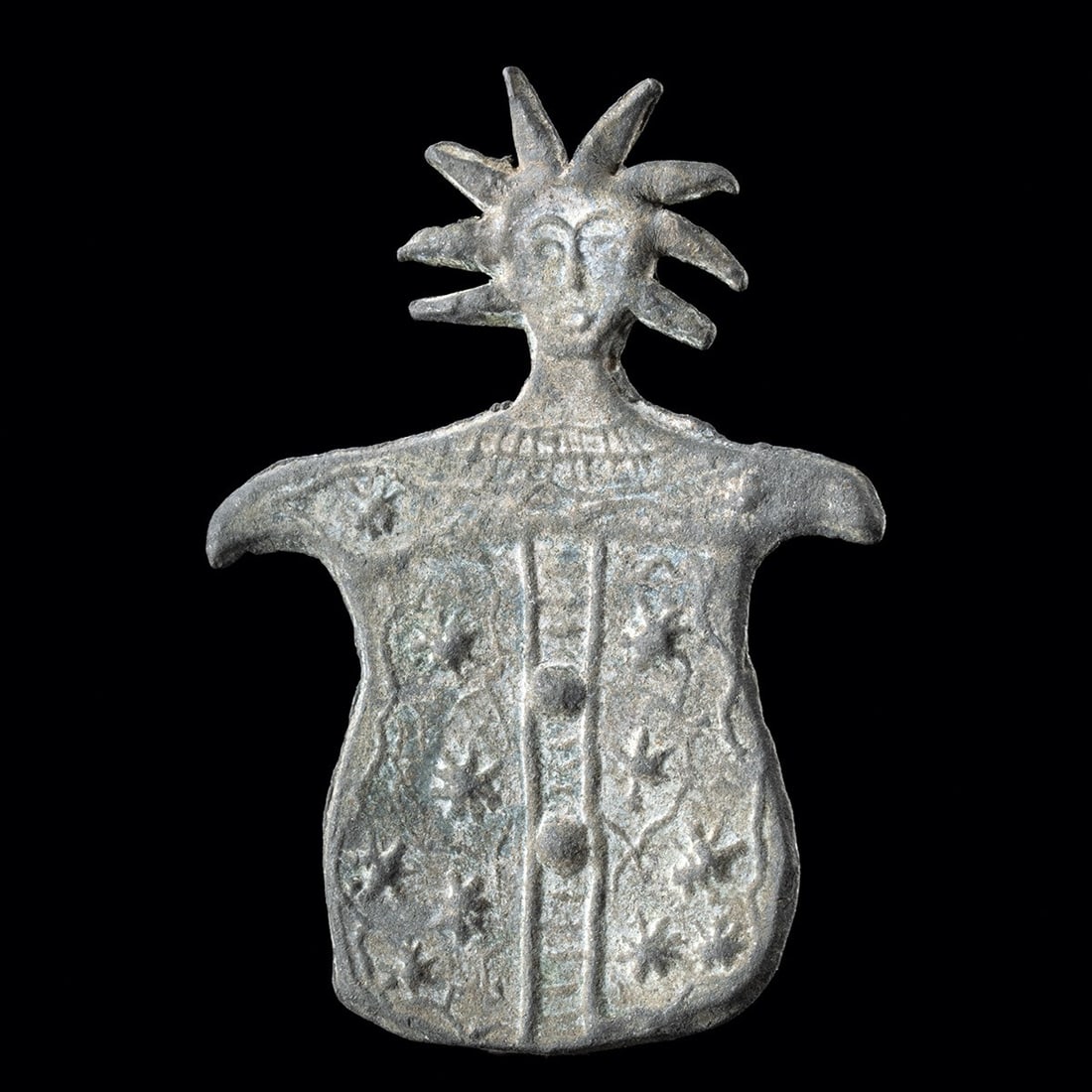19th C. English Lead Billy and Charley Figure - Spiked Crown: Western Europe, England, London, Billy and Charley type, ca. 1857–1870 CE. A crowned figure cast in lead faces the world twice over, once on either side, and not quite the same way twice. Eleven