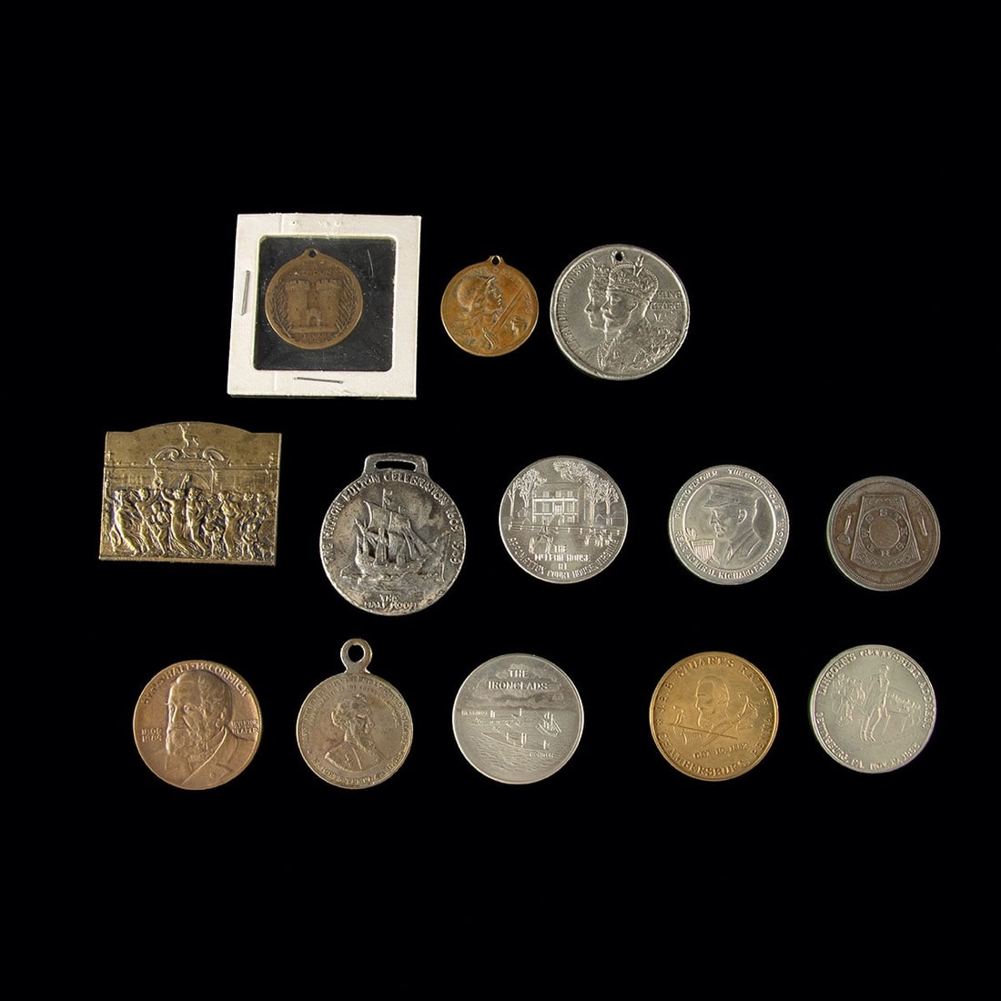 Collection of 19th & Early 20th C. Commemorative Bronze & Tin Medals & Tokens: Europe & United States, ca. 19th to early 20th century CE. A collection of thirteen commemorative medals, medallions, and tokens spanning the late 19th through mid 20th centuries. The group includes a