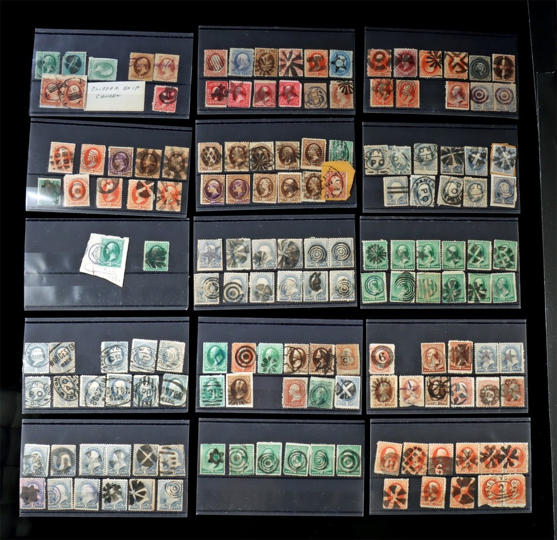 Antique U.S. Banknote Stamp Collection, Fancy Cancellations (152): United States, ca. 1860 to 1890. An interesting collection of approximately 152 early U.S. postage stamps, primarily "Banknote" issues of the 1860s–1870s, including portraits of Washington, Fran