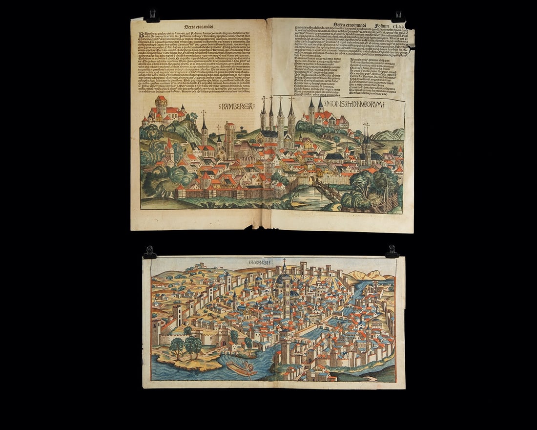 Two 1493 Nuremberg Chronicle Woodcut Leaves - Florence & Bamberg Views: Northern Europe, Holy Roman Empire, Germany, Nuremberg, ca. 1493 CE. A pair of incunable laid paper leaves from Hartmann Schedel's Liber Chronicarum, the celebrated Nuremberg Chronicle printed by Anto