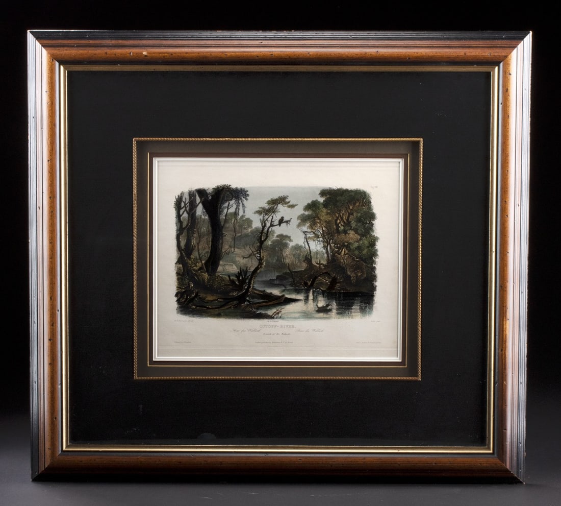 Bodmer Engraving "Cutoff-River Branch of the Wabash": Karl Bodmer (Swiss-born, 1809-1893), ca. 1832 - 1834 CE. Cutoff-River. Branch of the Wabash.Hand-colored aquatint engraving by Weber after Bodmer. Vignette VIII from "Travels in the Interior of North 