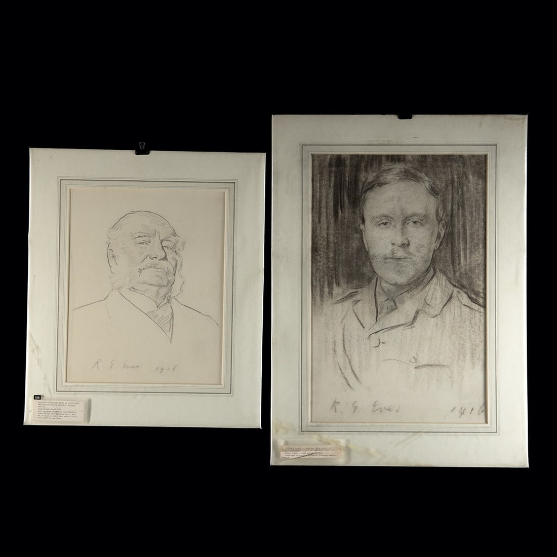 R. G. Eves 1916 Portrait Drawings, Young Soldier & the Artist's Father William Eves: Reginald Grenville Eves RA (British, 1876-1941). (1) "A Young Soldier" black chalk drawing on paper, 1916; "William Eves" (the artist's father), pencil on paper, 1916. Each signed at lower left and da