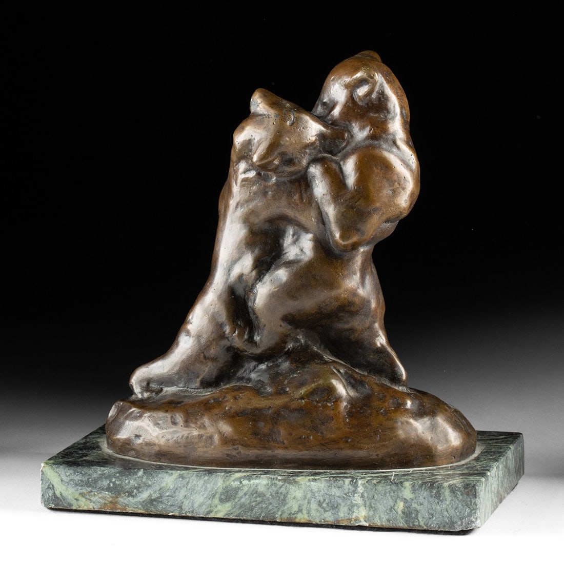American E.W. Deming & Excalibur Foundry Bronze Sculpture: Two Bear Cubs Wrestling: After Edwin Willard Deming (American, 1860-1942). Copper sculpture, after 1967. Cast posthumously by Excalibur Bronze Foundry. Signed on edge with "EX NY" and foundry mark in one corner. Ca. mid to la