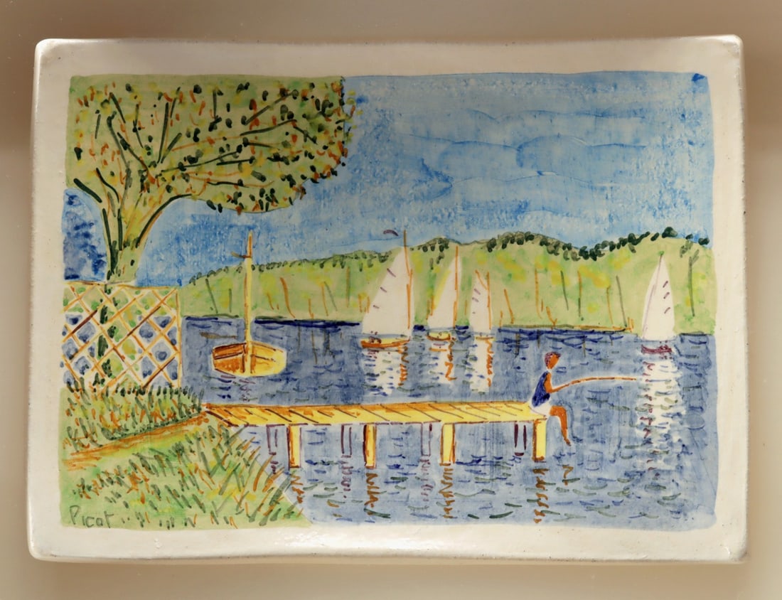 Jean-Claude Picot Ceramic Plaque "Embarcadero…" (1984): Jean-Claude Picot (1933-2020). "Embarcadero a Mantes la Jolie" ceramic wall plaque, 1984. Edition 41/60. Signed lower left. Signed and numbered on the verso. Created and fired at Atelier Bernard Lecle