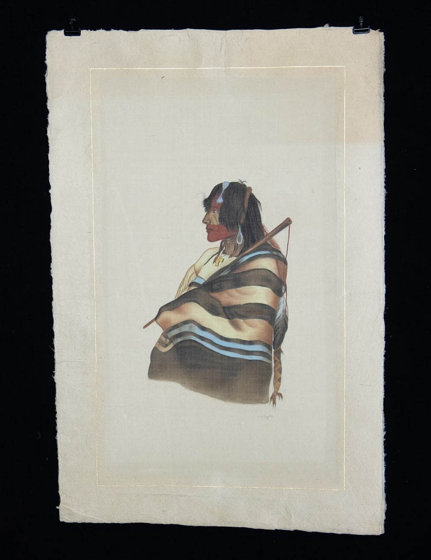 L. R. Laffitte Watercolor after Bodmer - "Kiasax": La Roche Laffitte (French, b. 1943). After Johann Carl Bodmer also known as Karl Bodmer (Swiss-French, 1809-1893). "Kiasax, a Piegen Blackfeet Warrior" watercolor on silk, n.d. Signed at lower right. 