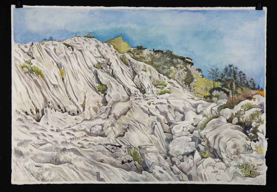Edith Kramer Painting "High Meadow, Austria" (1997): Edith Kramer (Austrian born American, 1916-2014). "High Meadow, Austria" watercolor, 1997. Signed and dated at lower right. A landscape built of wind, stone, and the stubborn greening of high country 