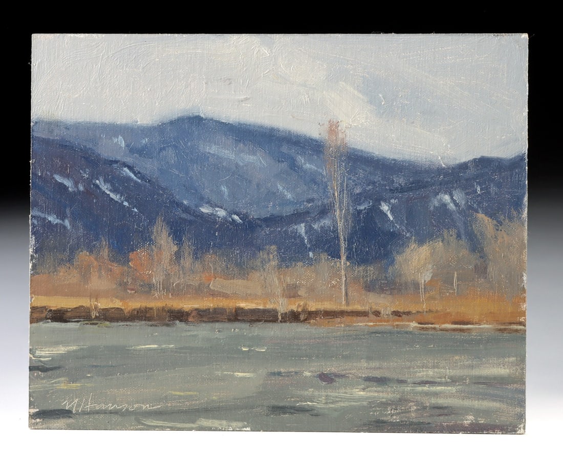 Marc R Hanson Painting - "Sawhill #2" (2002: Marc R. Hanson (American, b. 1955). "Sawhill #2" oil on board, 2014. Signed at lower left and again with title and date on verso. A quiet stretch of water glides across the foreground of this contempl
