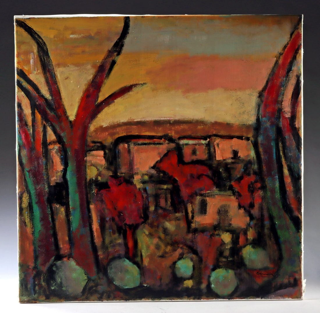 John Lindus Painting - "Outskirts of Manolates" (2004): John Lindus (British-born living in Greece, b. 1951). "Outskirts of Manolates" acrylic on canvas, 2004. Part of "The Colors of Greece" series. Signed at lower right and titled on verso. Label with dat