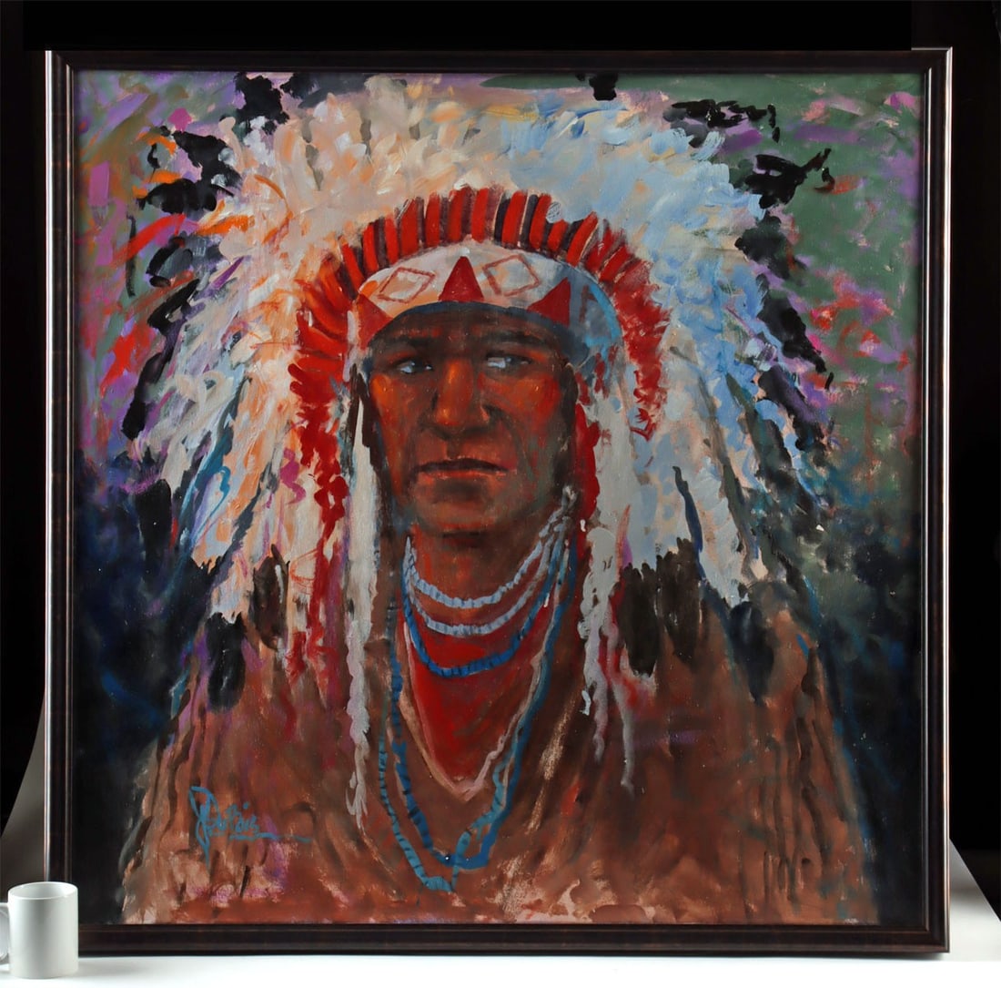 Jess DuBois Painting - Native American in Headdress: Jess Eugene DuBois (American, 1934-2022). Native American Chief in Headdress. Oil on canvas, n.d. Signed at lower left. A powerful painted portrait by the famous American artist Jess E. DuBois depicti