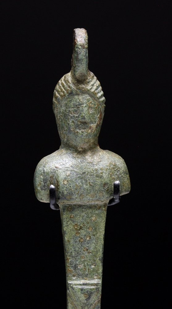 Roman Bronze Herm Figural Chest Hasp: Rome, ca. 1st - 3rd Century CE. Obverse reverse bronze chest hasp in the form of a youthful herm figure with nice facial features, exposed breasts, incised decorative band with modeled male genitalia 