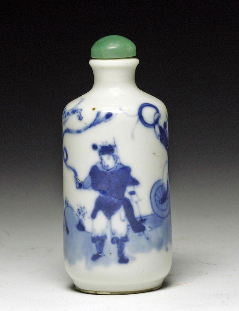 Chinese Blue-on-White Porcelain Snuff Bottle, Acrobats: Starts at $50 China, late 19th-early 20th Century. Early example decorated in blue on white. Scene depicts troupe of performing Acrobats. Chop mark on base. Stone stopper and bone spoon. 3-1/8"H. Prov