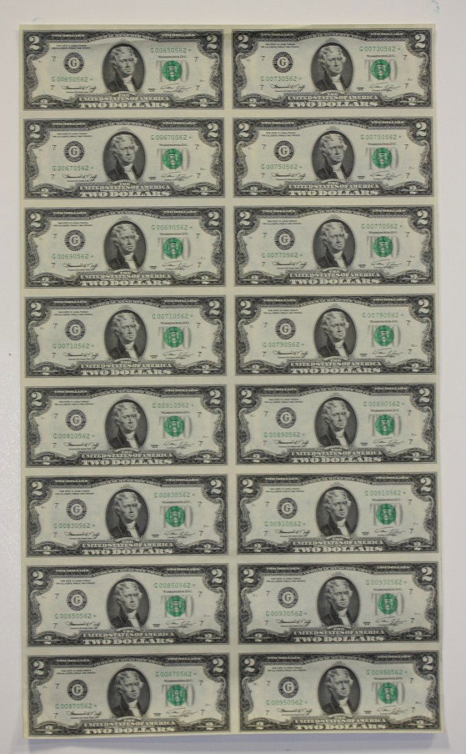 Uncut Sheet of US $2 Bills: US, Ca. 1976. Yes, these are real. Yes, they are US currency and can be cut from sheet and spent at your local 7-11. 16 two dollar bills on an uncut sheet. Rare to find these $2 bill sheets! 20-3/4" b