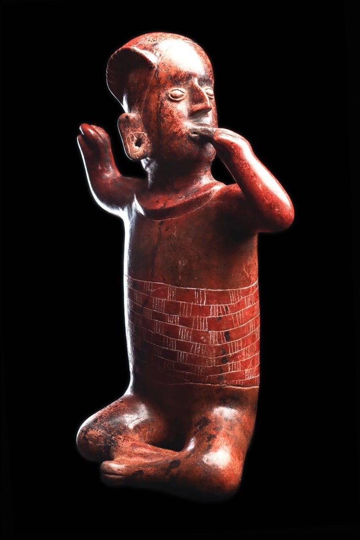 Colima Seated Redware Figure with Crested Coiffure and Ear Spools (1 of 4)