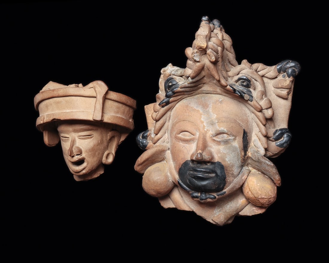 Veracruz Terracotta Heads, Warrior in Zoomorphic Headdress and Deity, Pair (1 of 4)