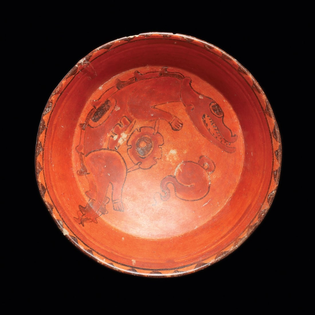 Maya Polychrome Bowl with Saurian Deity and Stepped Pyramid Frieze (1 of 7)