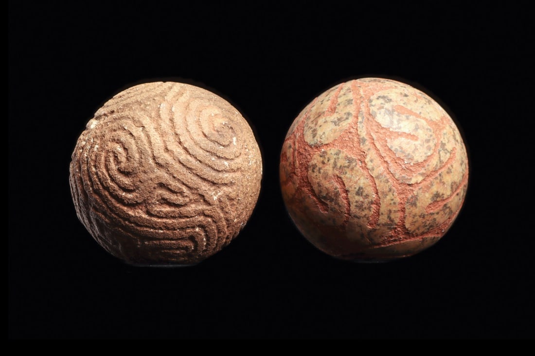 Taino Carved Stone Ball Game Balls with Serpent and Spiral Relief, Pair (1 of 4)