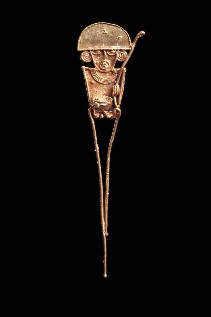 Muisca Tumbaga Tunjo Votive Figure with Offering Bowl and Staff (1 of 4)