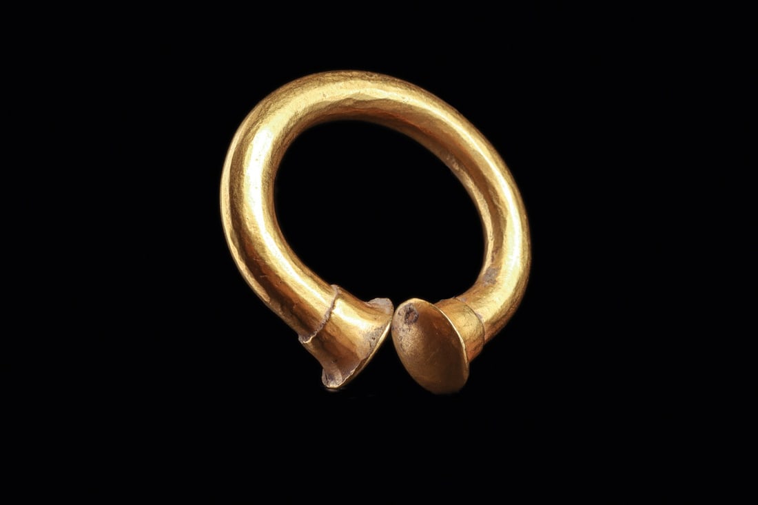 Sinu Massive Gold Nose Ring with Flaring Capped Finials: Pre-Columbian, Colombia, Sinu, ca. 800–1200 CE. A heavy crescent of solid gold, hammered into a smooth tapering hoop that swells toward two flaring trumpet terminals, each closed by an applied d