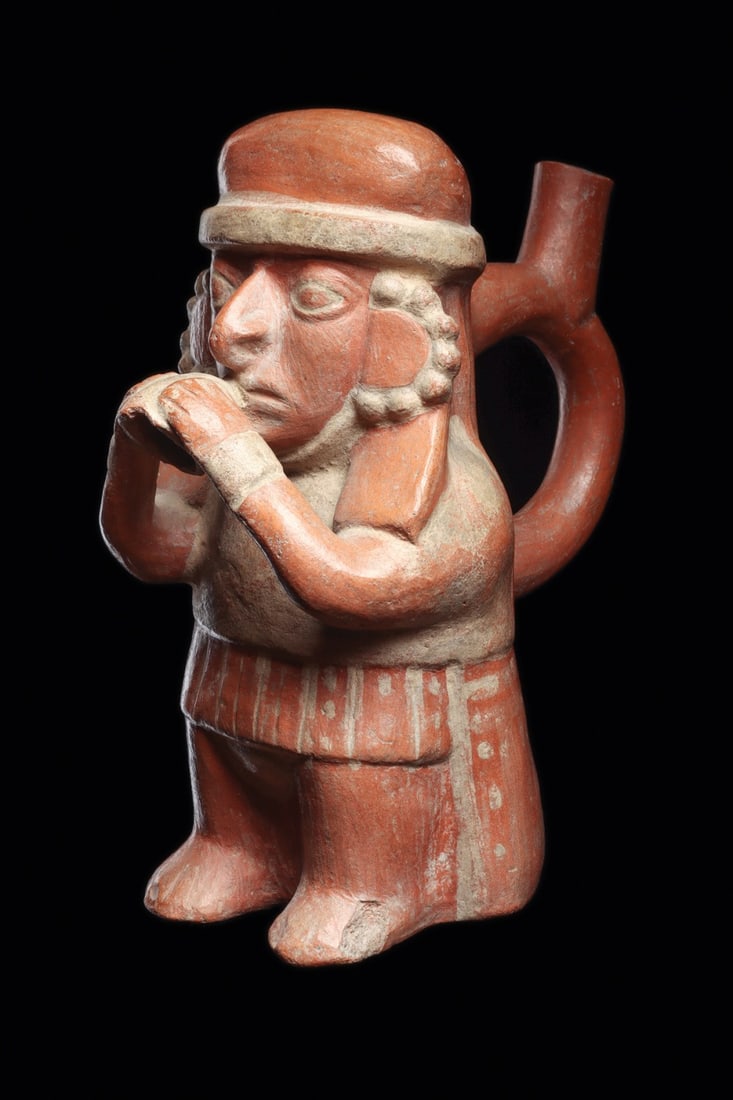 Moche IV Stirrup Spout Vessel of Musician Blowing a Shell Trumpet (1 of 4)
