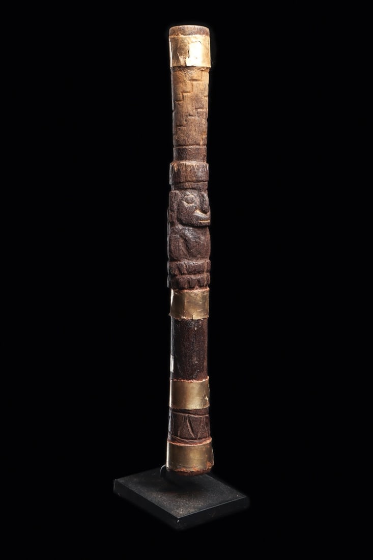 Moche Carved Hardwood Figural Snuff Tube with Gold Bands (1 of 4)
