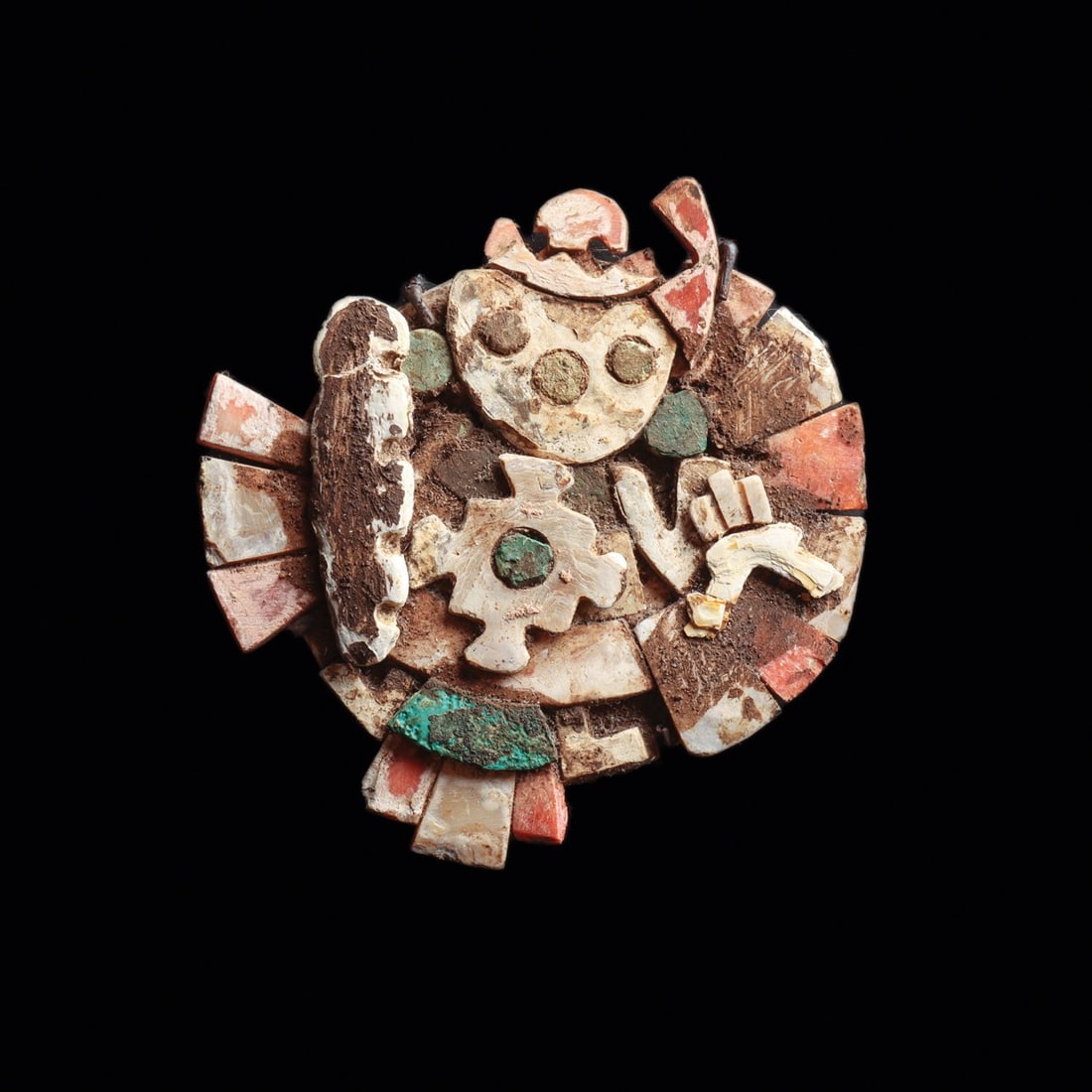 Moche Shell Mosaic Roundel with Jaguar Deity, Miniature: Pre-Columbian, Peru, North Coast, Moche, ca. 300–500 CE. A miniature roundel assembled from cut shell tesserae in cream, rose, and white, inset with discs of green stone. The semiabstract fronta