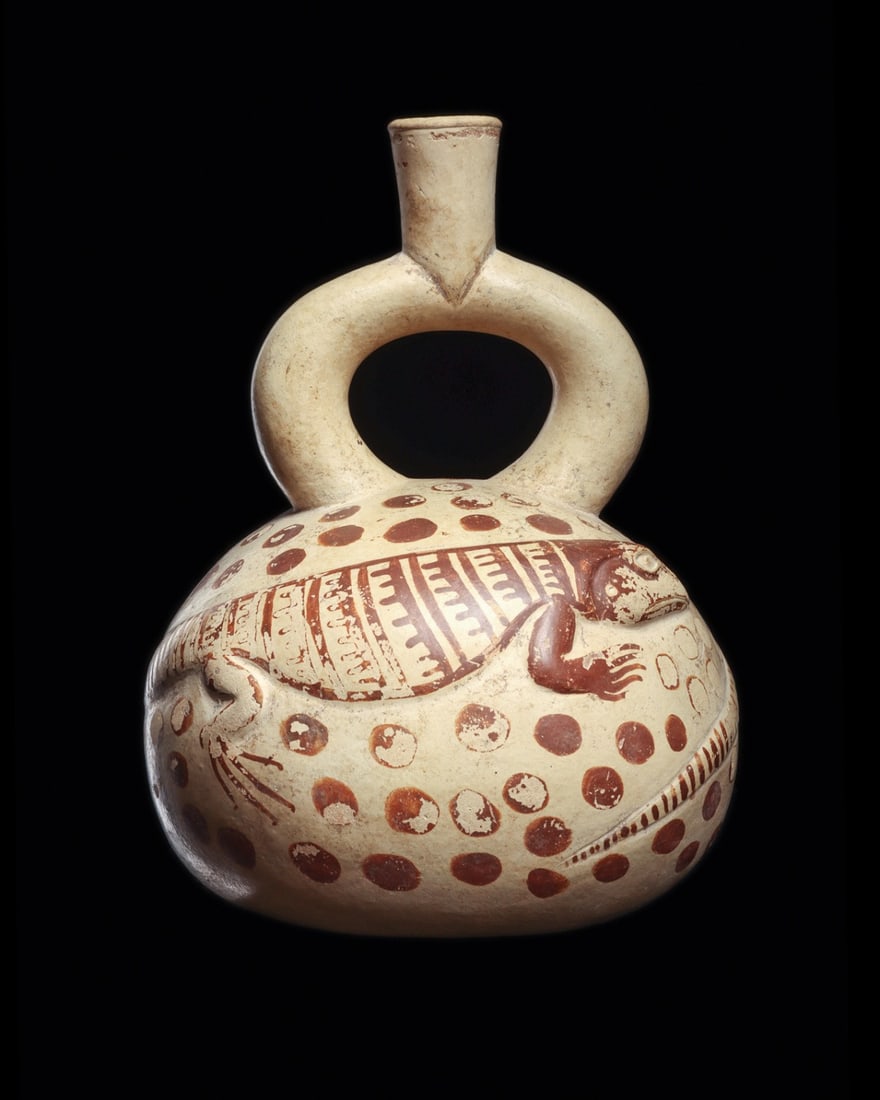 Moche Stirrup Spout Bottle with Modeled Iguanas (1 of 4)