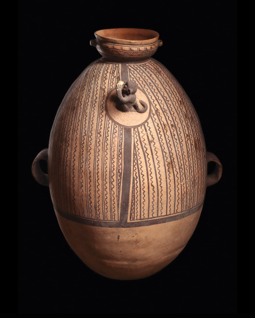 Chancay Large Ovoid Vessel with Applied Monkey and Painted Eye Motif (1 of 4)