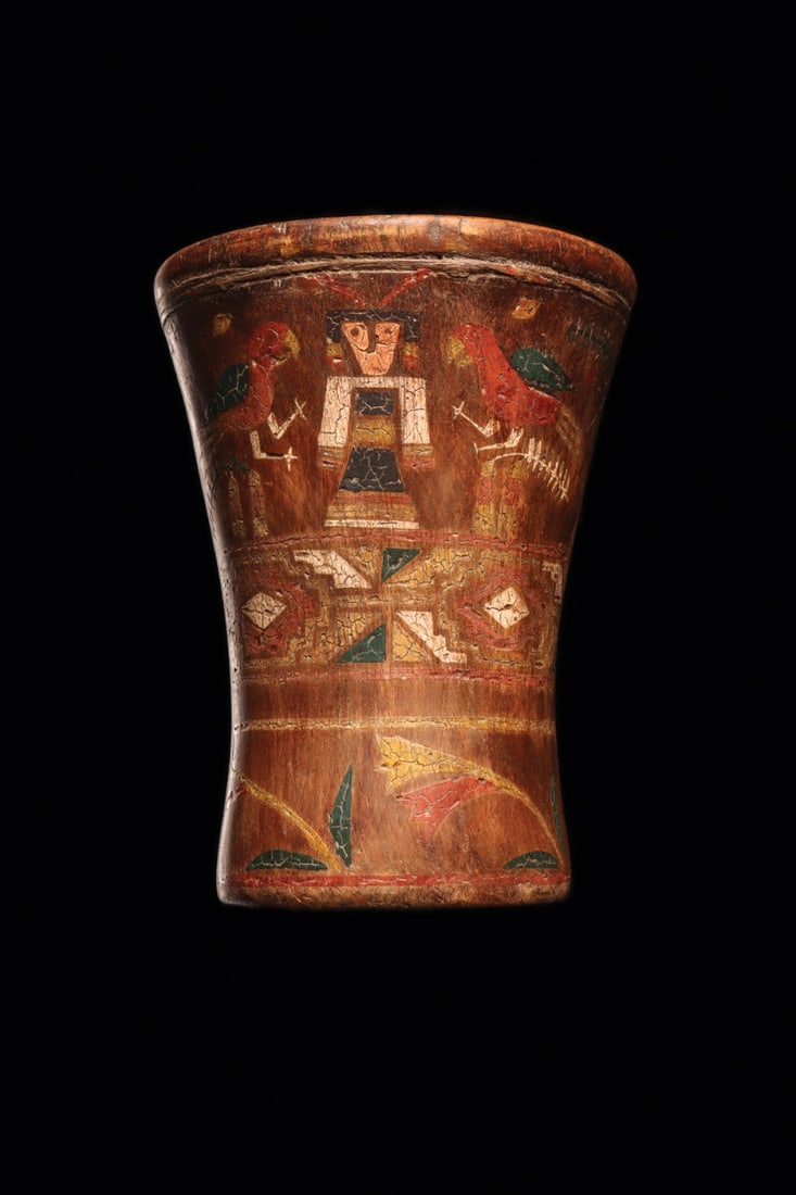 Inca Painted Wood Kero with Figures and Parrots (1 of 4)