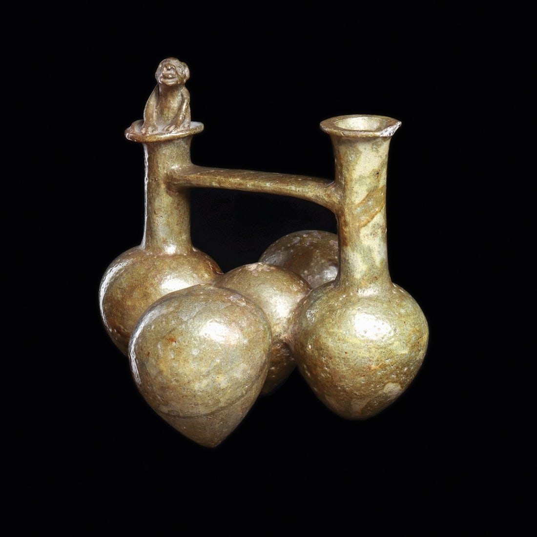 Chimu-Inca Glazed Whistling Vessel with Monkey, Five Gourd Lobes, Colonial Period (1 of 4)