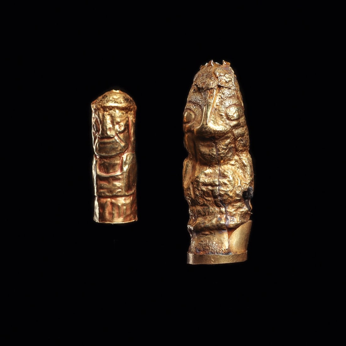 Chimu Miniature Sheet Gold Idols, Pair, Repousse Standing Figures (1 of 3)